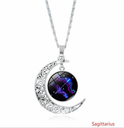 12 constellation time gemstone half moon pendant necklace twelve zodiac European and American jewelry - Mystara.shop