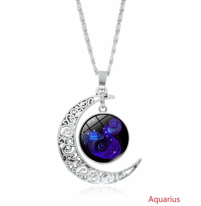 12 constellation time gemstone half moon pendant necklace twelve zodiac European and American jewelry - Mystara.shop