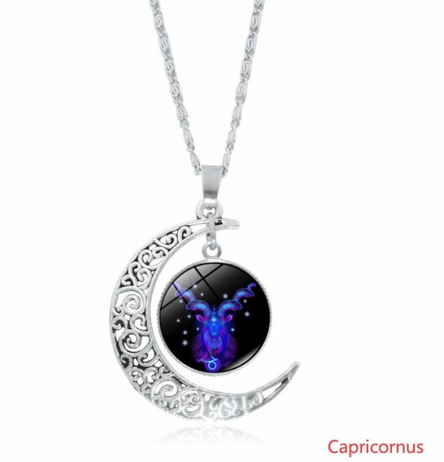12 constellation time gemstone half moon pendant necklace twelve zodiac European and American jewelry - Mystara.shop