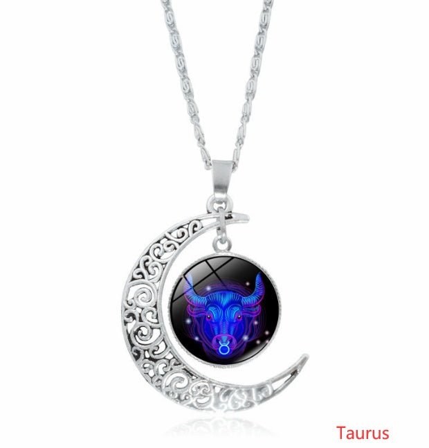 12 constellation time gemstone half moon pendant necklace twelve zodiac European and American jewelry - Mystara.shop