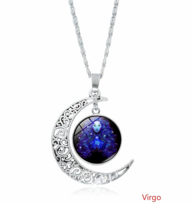 12 constellation time gemstone half moon pendant necklace twelve zodiac European and American jewelry - Mystara.shop