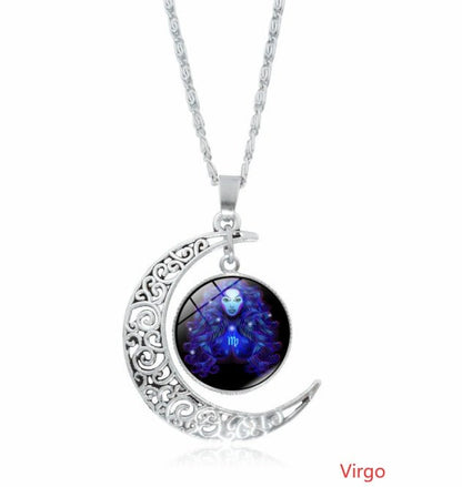 12 constellation time gemstone half moon pendant necklace twelve zodiac European and American jewelry - Mystara.shop