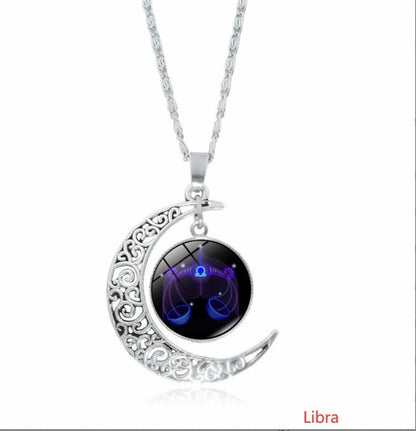 12 constellation time gemstone half moon pendant necklace twelve zodiac European and American jewelry - Mystara.shop