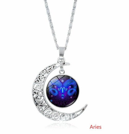 12 constellation time gemstone half moon pendant necklace twelve zodiac European and American jewelry - Mystara.shop