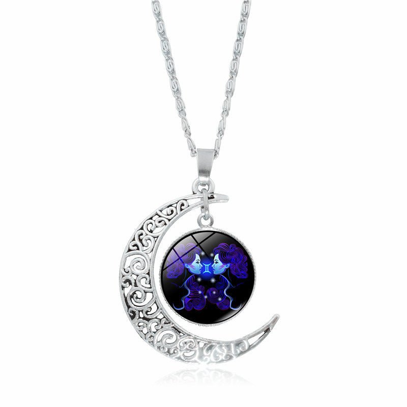 12 constellation time gemstone half moon pendant necklace twelve zodiac European and American jewelry - Mystara.shop