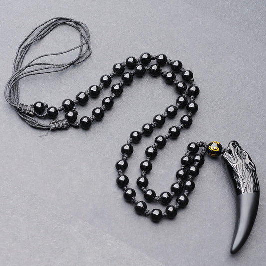Black Obsidian Wolf Fang Pendant Necklace for Strength & Healing