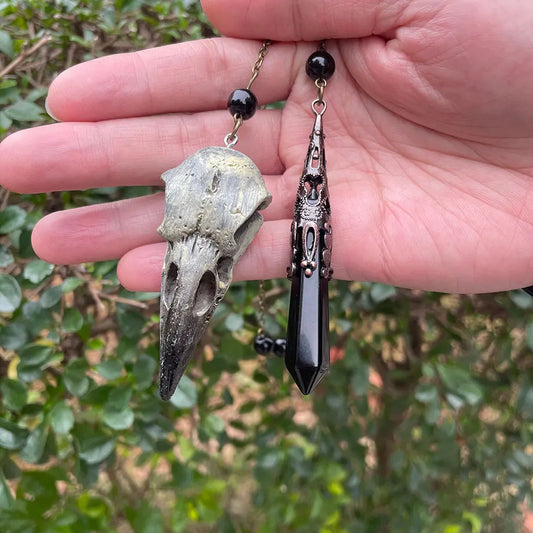 Black Obsidian Crystal Pendulum with Skull Charm for Divination