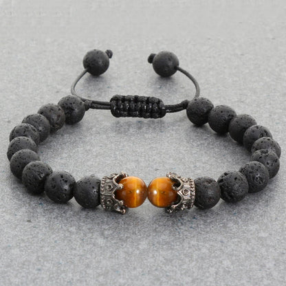 Black Lava & Tiger Eye Healing Bracelet with Crown Charm