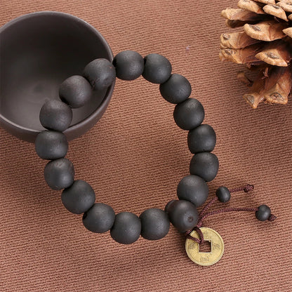 Buddha Wood Bead Bracelet with Copper Coin for Meditation
