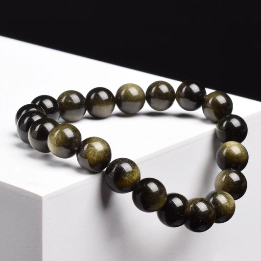 Golden Obsidian Natural Stone Stretch Beaded Bracelet Unisex