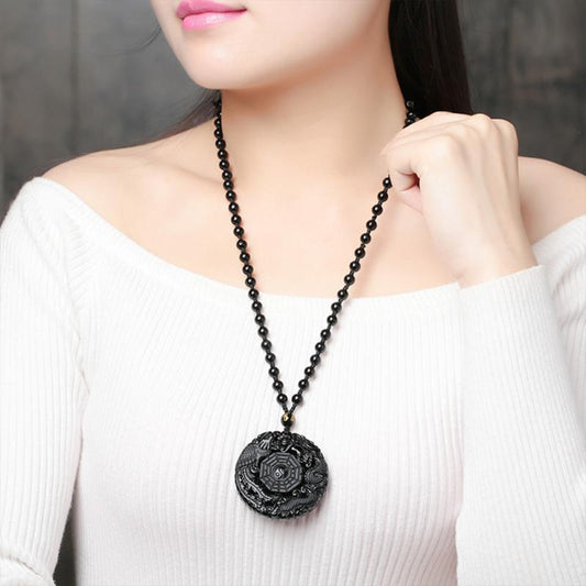 Black Obsidian Dragon Phoenix Yin Yang Protection Pendant