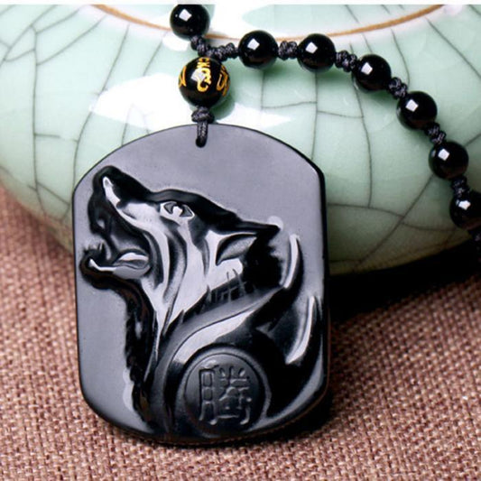 Black Obsidian Carved Wolf Head Amulet Pendant Necklace