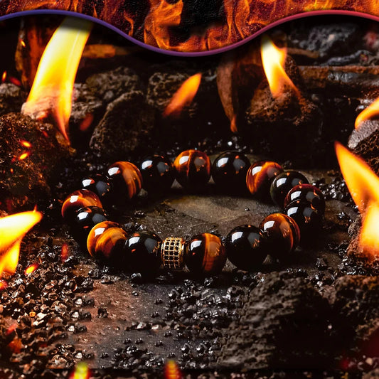 Men’s Obsidian Lava Stone Bracelet with Tiger Eye & Onyx Charm