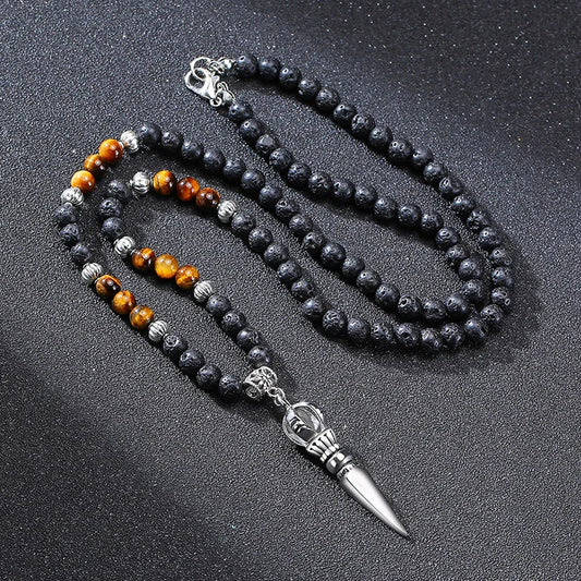 Tibetan Phurba Pendant with Tiger Eye & Lava Stone Beads