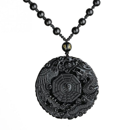 Black Obsidian Dragon Phoenix Yin Yang Protection Pendant