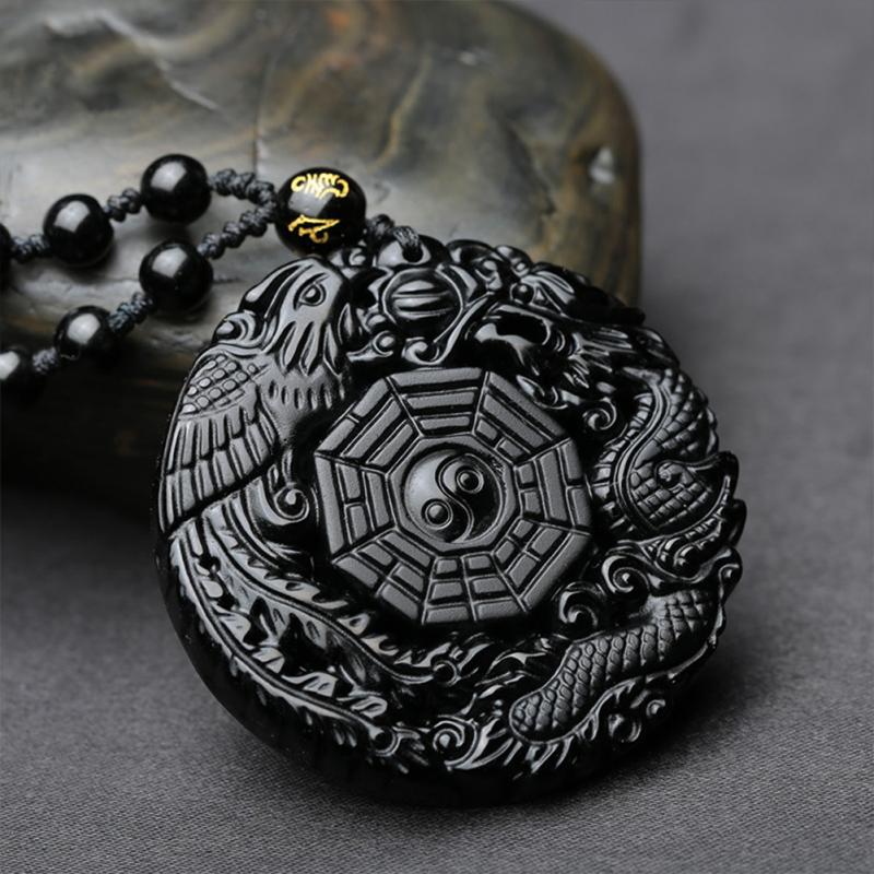 Black Obsidian Dragon Phoenix Yin Yang Protection Pendant