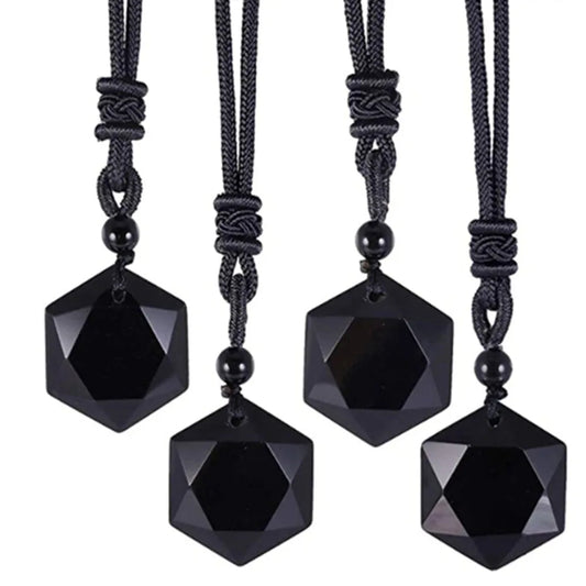Black Obsidian Hexagram Pendant Necklace for Protection & Luck