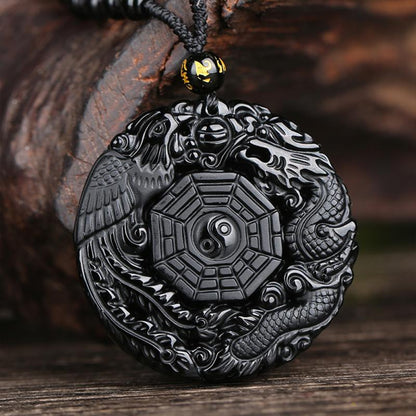 Black Obsidian Dragon Phoenix Yin Yang Protection Pendant