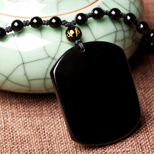 Black Obsidian Carved Wolf Head Amulet Pendant Necklace