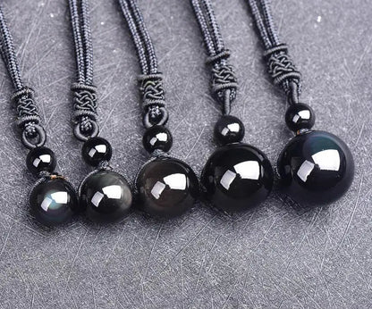 Black Obsidian Rainbow Eye Crystal Protection Pendant Necklace