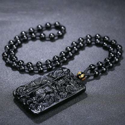 Natural Obsidian Carving Guan Gong Pendant, Men and Women Domineering Fortune God Pendant Obsidian Guan Gong Pendant