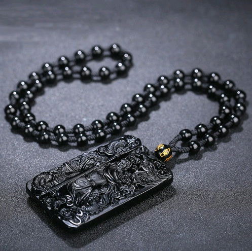 Natural Obsidian Carving Guan Gong Pendant, Men and Women Domineering Fortune God Pendant Obsidian Guan Gong Pendant