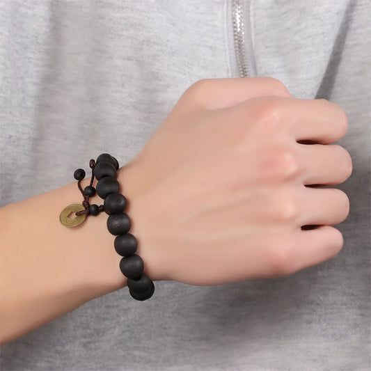 Buddha Wood Bead Bracelet with Copper Coin for Meditation