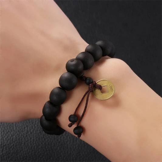 Buddha Wood Bead Bracelet with Copper Coin for Meditation