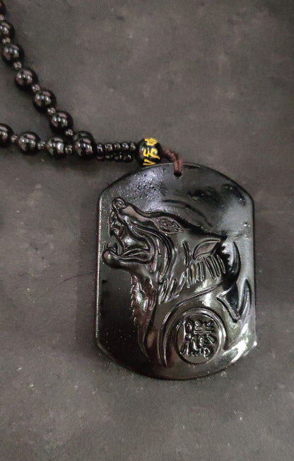 Black Obsidian Carved Wolf Head Amulet Pendant Necklace - Mystara.shop