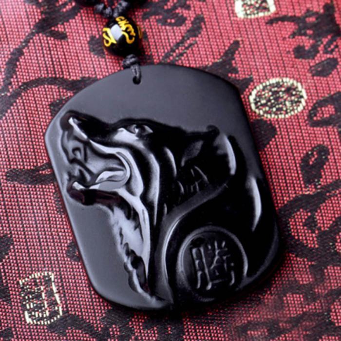 Black Obsidian Carved Wolf Head Amulet Pendant Necklace - Mystara.shop