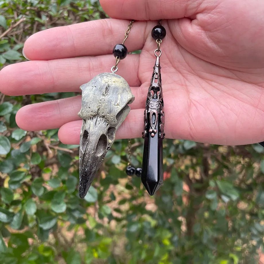 Black Obsidian Crystal Pendulum with Skull Charm for Divination - Mystara.shop