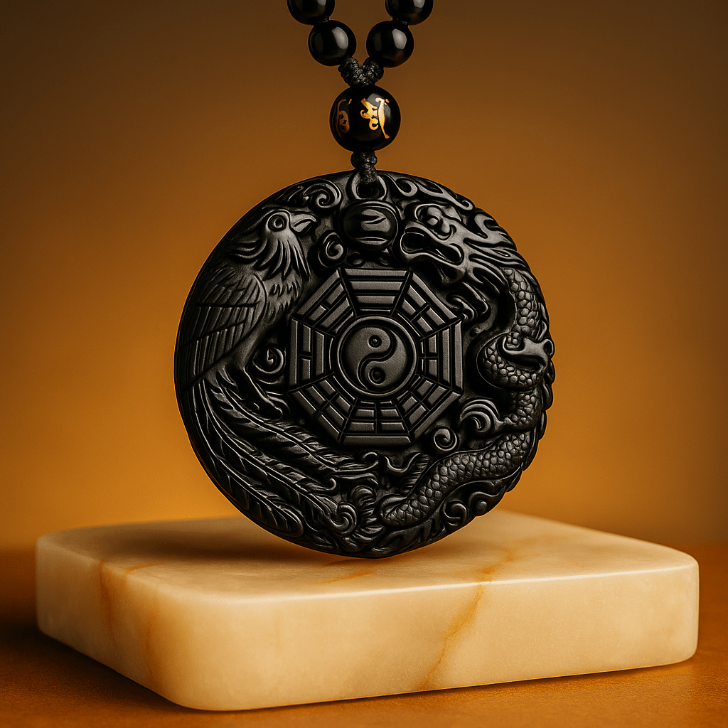 Black Obsidian Dragon Phoenix Yin Yang Protection Pendant - Mystara.shop