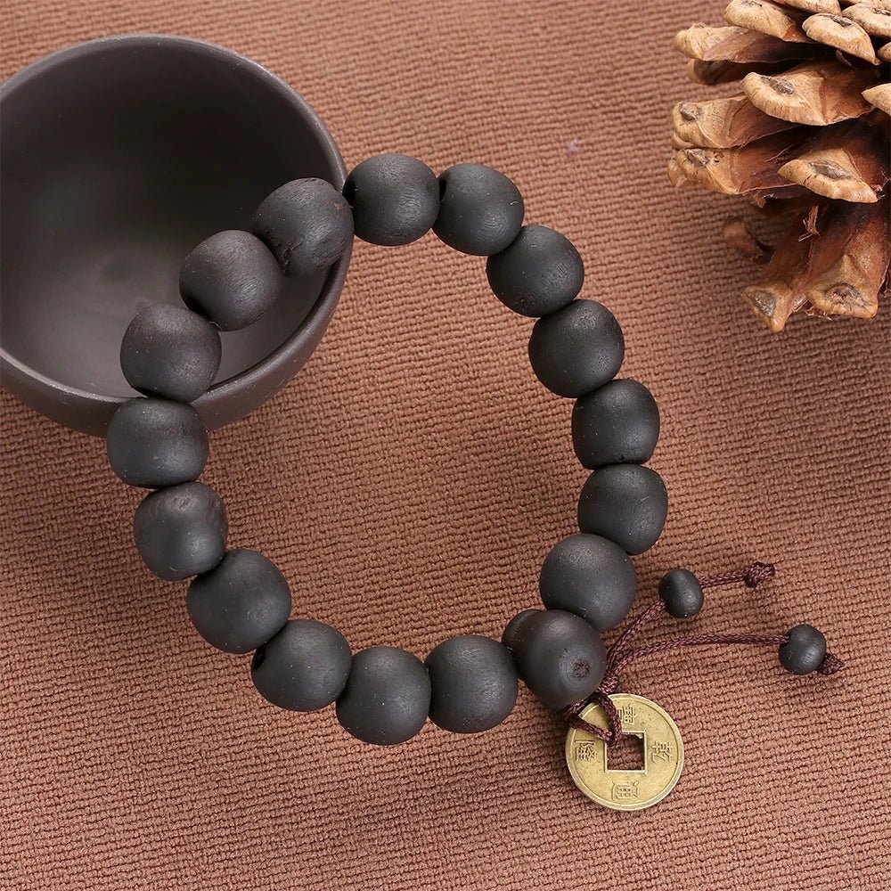 Buddha Wood Bead Bracelet with Copper Coin for Meditation - Mystara.shop