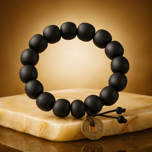 Buddha Wood Bead Bracelet with Copper Coin for Meditation - Mystara.shop