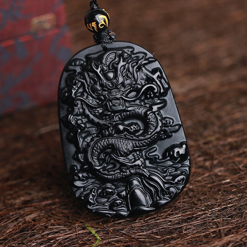 Carved Obsidian Dragon Pendant With Four Pieces - Mystara.shop