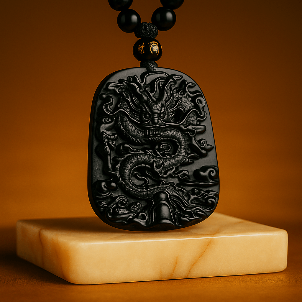 Carved Obsidian Dragon Pendant With Four Pieces - Mystara.shop