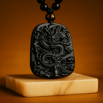 Carved Obsidian Dragon Pendant With Four Pieces - Mystara.shop