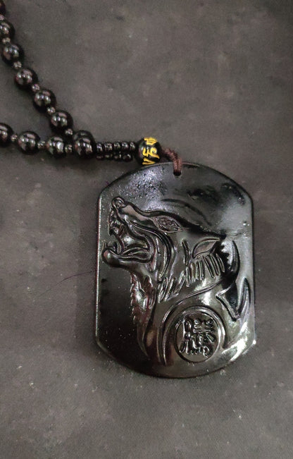 Black Obsidian Carved Wolf Head Amulet Pendant Necklace