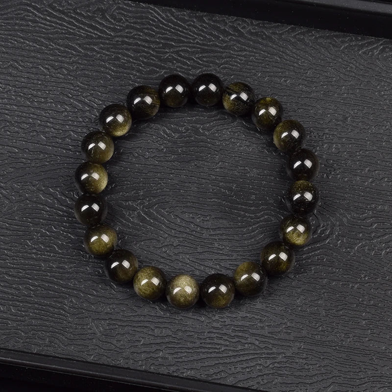 Golden Obsidian Natural Stone Stretch Beaded Bracelet Unisex - Mystara.shop