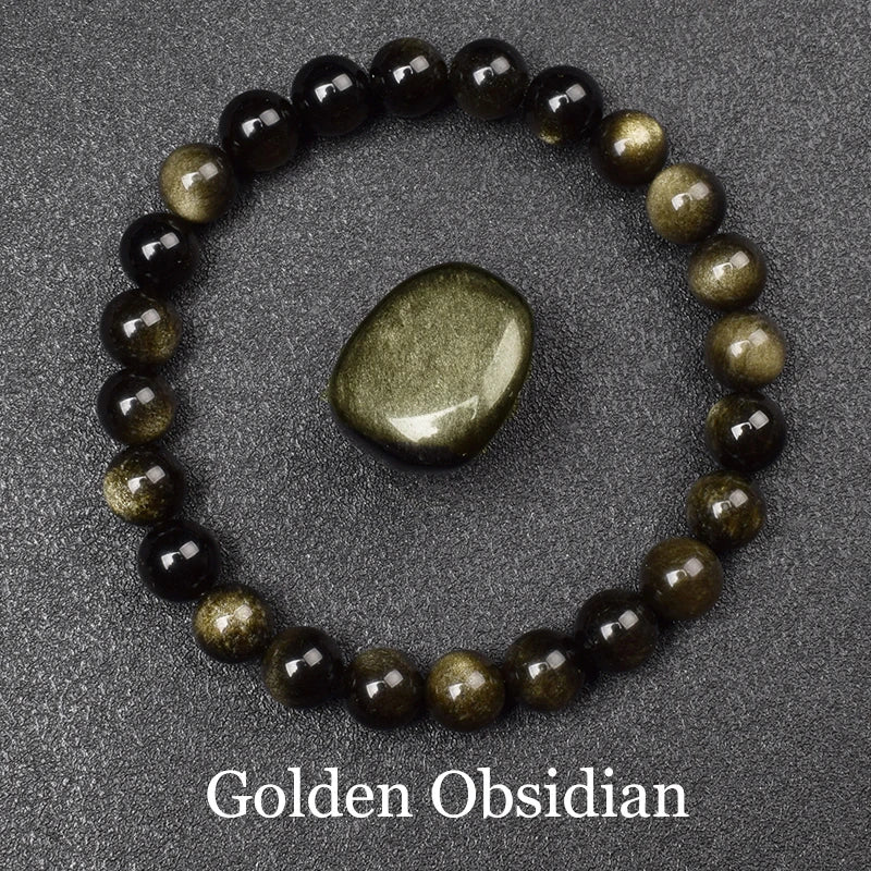 Golden Obsidian Natural Stone Stretch Beaded Bracelet Unisex - Mystara.shop