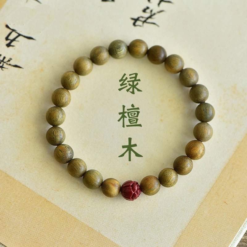 Green Sandalwood Beaded Bracelet with Cinnabar Lotus Bead - Mystara.shop