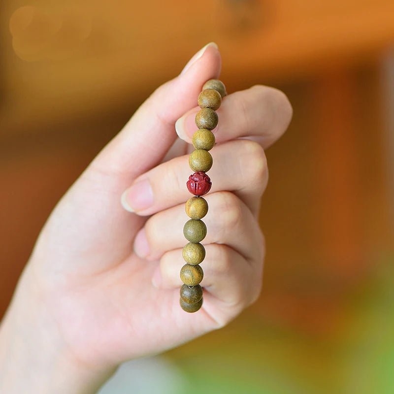 Green Sandalwood Beaded Bracelet with Cinnabar Lotus Bead - Mystara.shop