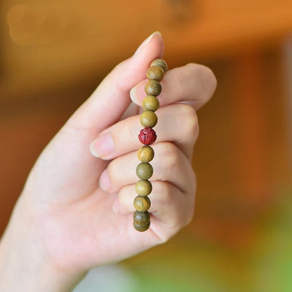 Green Sandalwood Beaded Bracelet with Cinnabar Lotus Bead - Mystara.shop
