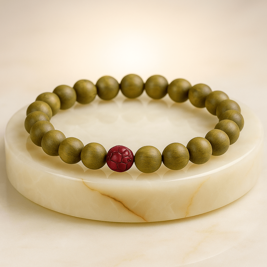Green Sandalwood Beaded Bracelet with Cinnabar Lotus Bead - Mystara.shop