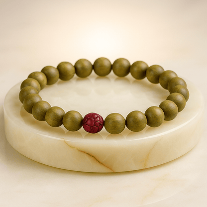 Green Sandalwood Beaded Bracelet with Cinnabar Lotus Bead - Mystara.shop
