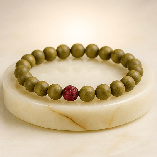Green Sandalwood Beaded Bracelet with Cinnabar Lotus Bead - Mystara.shop
