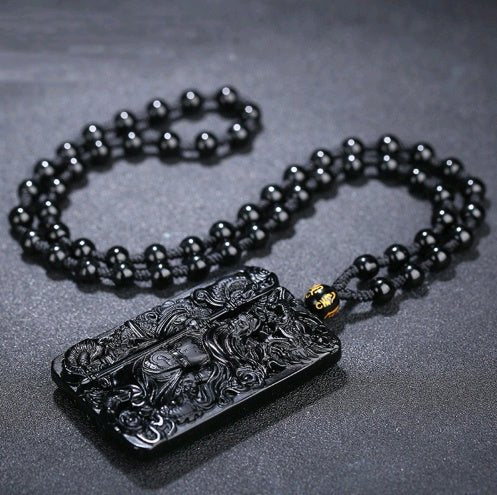 Natural Obsidian Carving Guan Gong Pendant, Men and Women Domineering Fortune God Pendant Obsidian Guan Gong Pendant - Mystara.shop