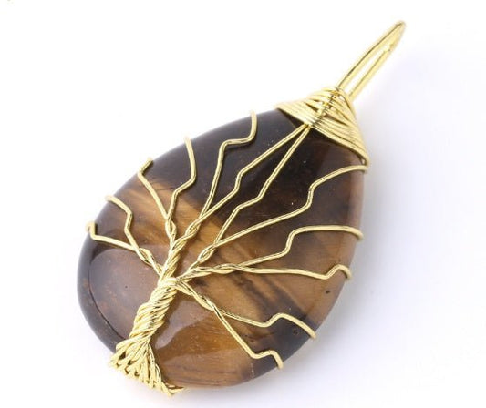 Natural Stone Pendant Gold Color Wire Wrap Gem - Mystara.shop