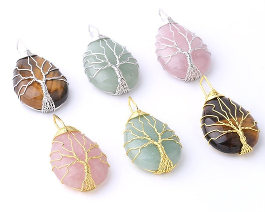 Natural Stone Pendant Gold Color Wire Wrap Gem - Mystara.shop