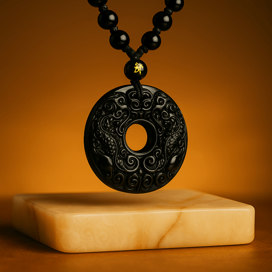 Obsidian Double Pixiu Round Button Pendant Necklace - Mystara.shop